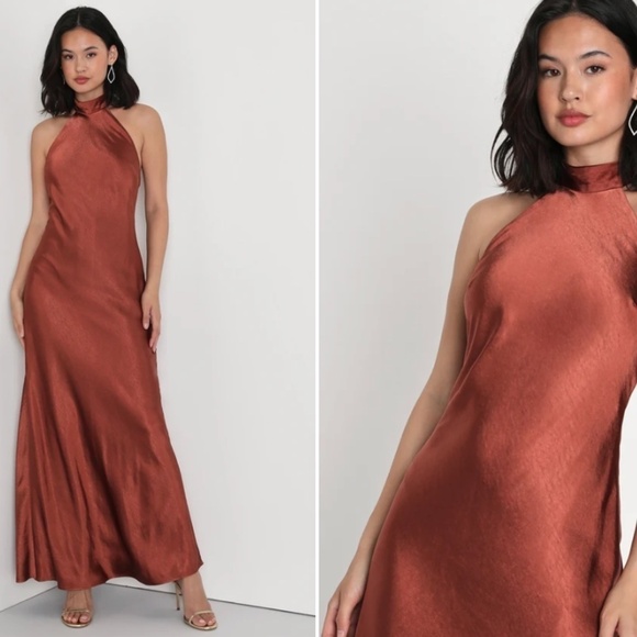 LULU's Sexy Prom Wedding Bridesmaid Satin Open Back Halter Maxi Dress NWOT - Picture 4 of 5